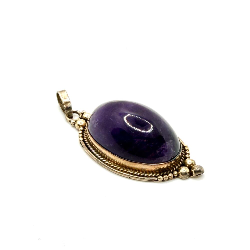 Vintage 90s Handmade Sterling Silver Large Amethyst Cabochon Pendant